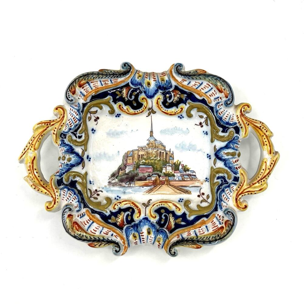 Vintage Ceramic Mont St. Michel 1952 Plate dish Tray with Handles